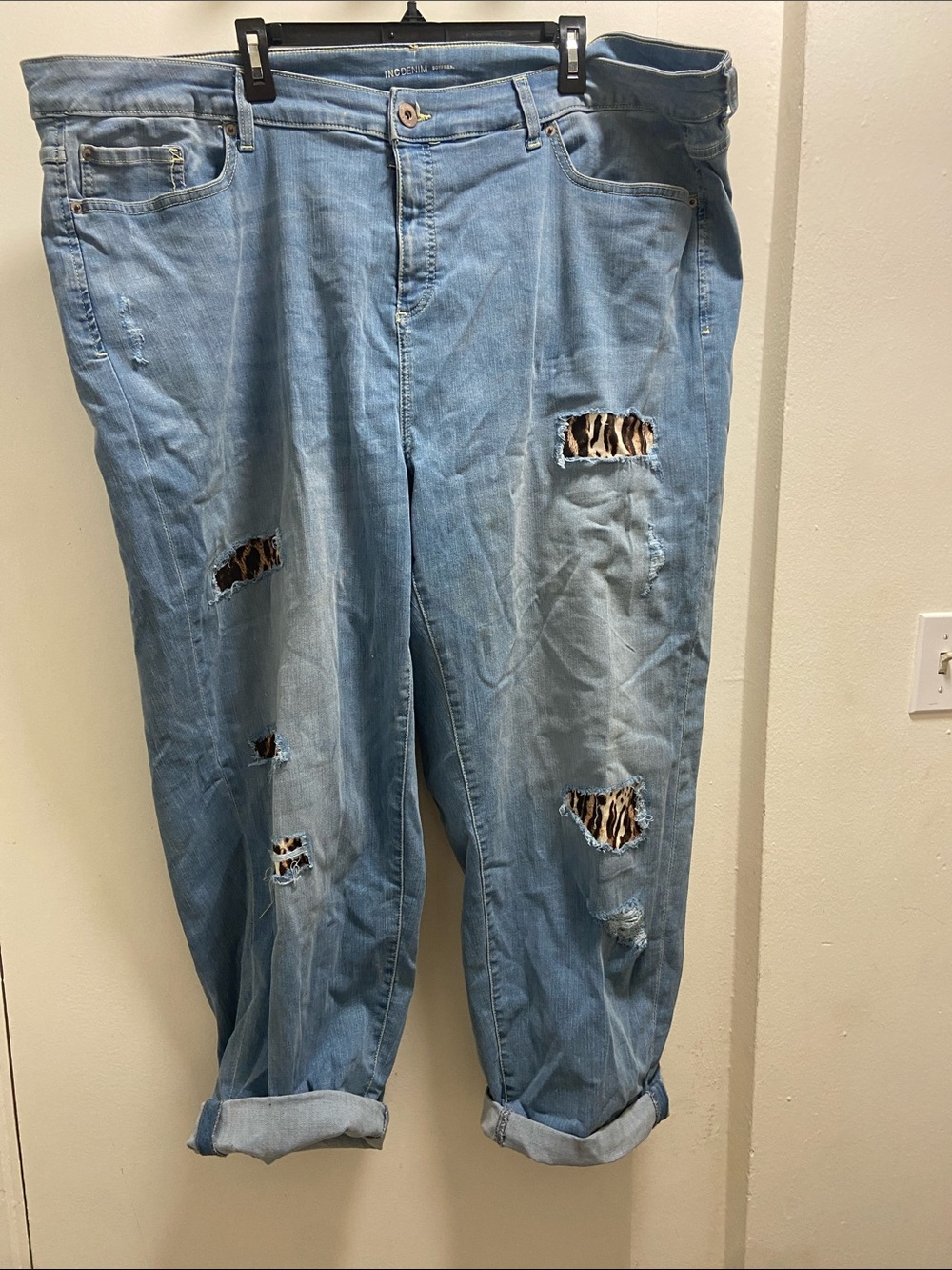 INC International Concepts Light Blue Skinny Jeans with Leopard Patch Distress